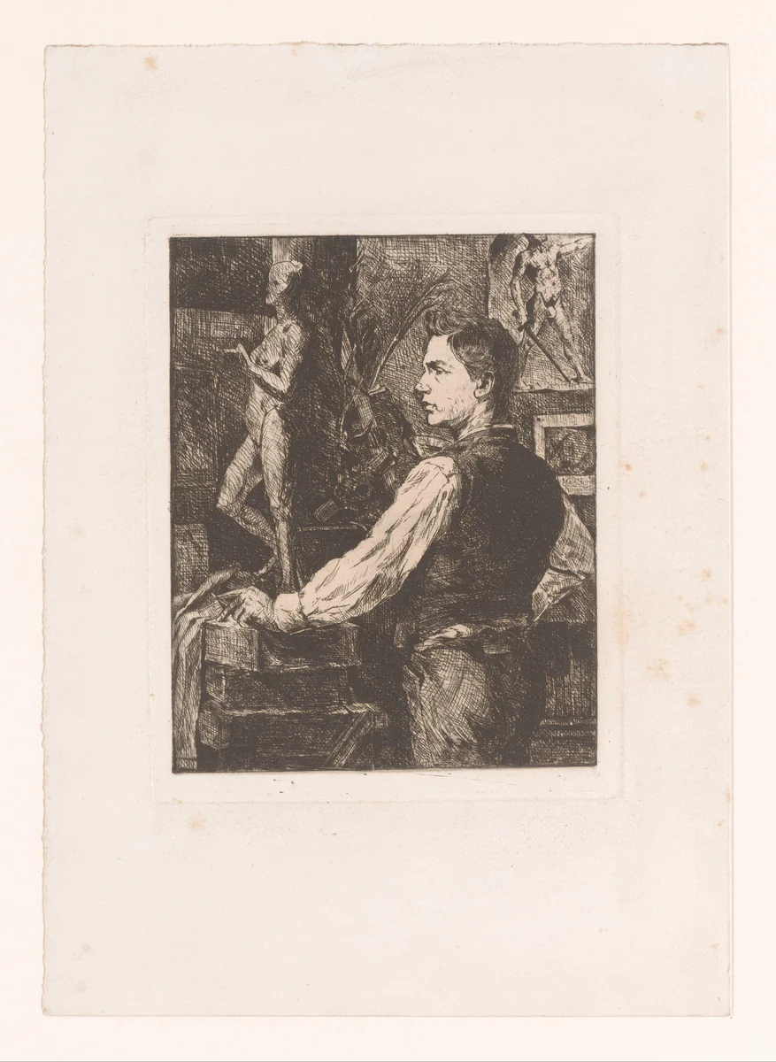 Beeldhouwer in zijn werkplaats by Josué Dupon, print, 1887