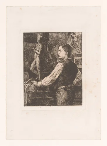 Beeldhouwer in zijn werkplaats by Josué Dupon, print, 1887