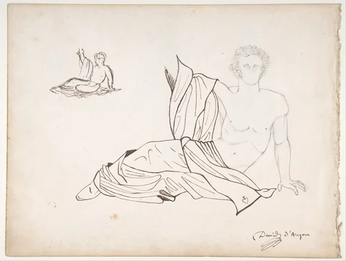 General Bonchamp Shown in a Pose Designed for His Tomb (recto); Three Figures after Poussin (verso) by Pierre-Jean David d'Angers, drawing, 1800-1856