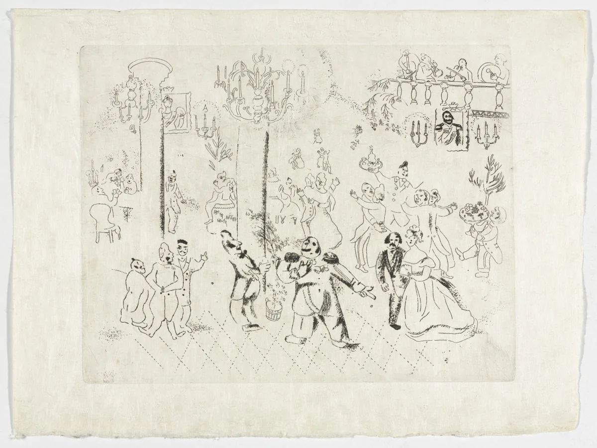 The Soiree at the Governor's House (La Soirée chez le gouverneur), plate IV (supplementary suite) from Les Âmes mortes by Marc Chagall, illustrated book, 1923