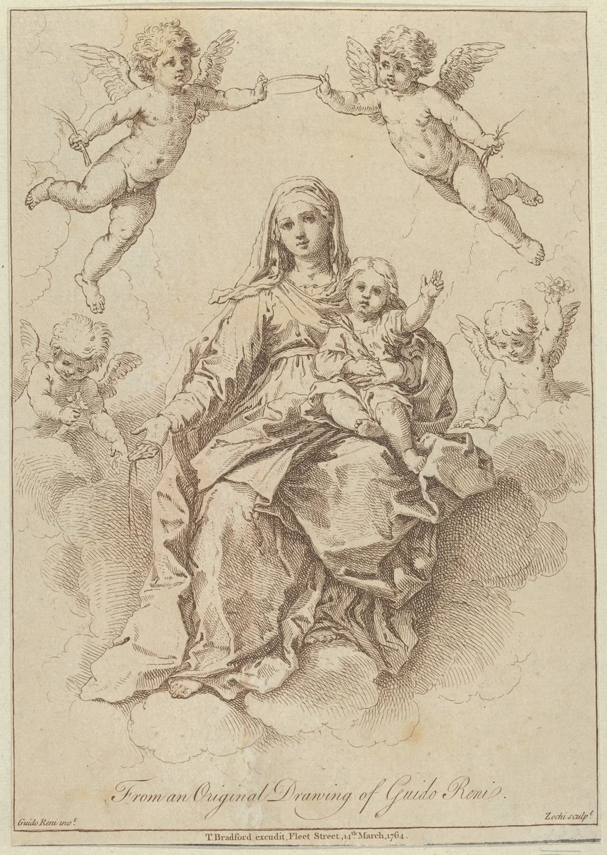 The Virgin seated in the clouds with the infant Christ, surrounded by putti, after a drawing by Reni by Giuseppe Zocchi, print, 1764