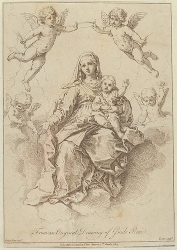 The Virgin seated in the clouds with the infant Christ, surrounded by putti, after a drawing by Reni by Giuseppe Zocchi, print, 1764