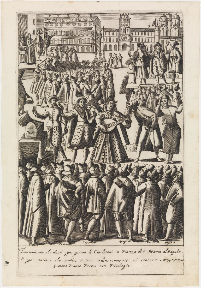 Intartenimento che demo ogni giorno li Ciarlatani from Habiti d'huomeni et donne Venetiane by Giacomo Franco, print, 1610-1620
