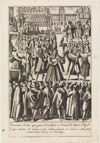 Intartenimento che demo ogni giorno li Ciarlatani from Habiti d'huomeni et donne Venetiane by Giacomo Franco, print, 1610-1620