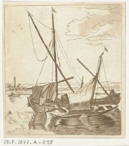 Twee zeilschepen in een rivier by Anthonie van den Bos, print, 1778-1838
