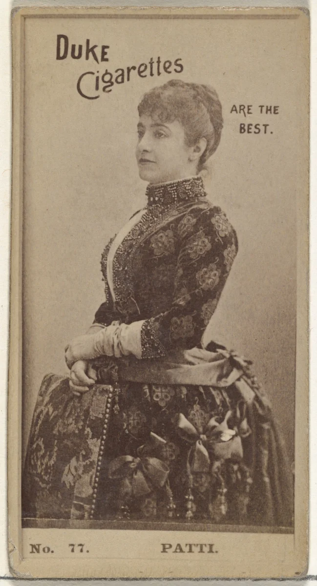 Card Number 77, Patti, from the Actors and Actresses series (N145-6) issued by Duke Sons & Co. to promote Duke Cigarettes by W. Duke, Sons & Co., photograph, 1880-1889
