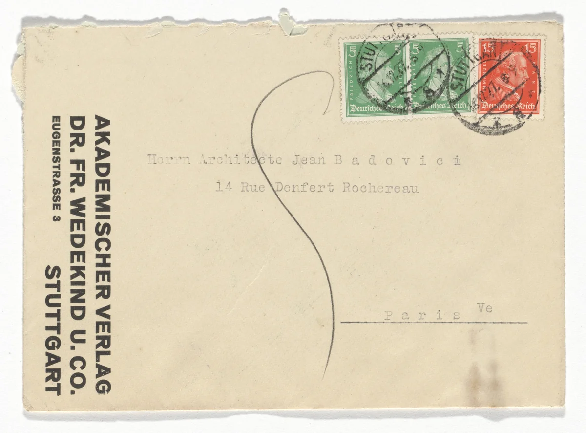 Akademischer Verlag Dr. Fr. Wedeking U. Co. stationery envelope by Willi Baumeister, design, 1927