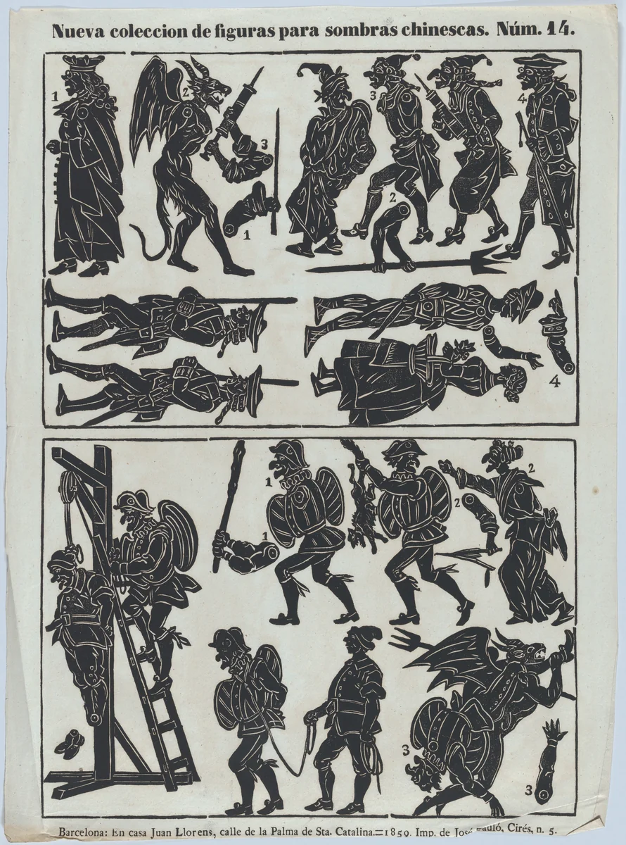 Sheet 14 of figures for Chinese shadow puppets by Juan Llorens, print, 1859