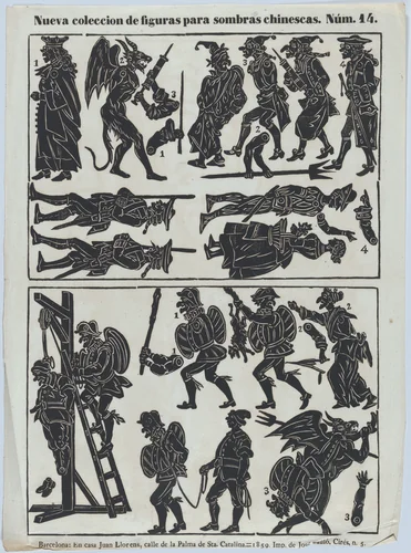 Sheet 14 of figures for Chinese shadow puppets by Juan Llorens, print, 1859