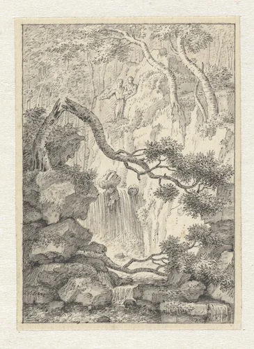 Klein landschap met twee mannen bij een waterval by Joannes de Bosch, drawing, 1775