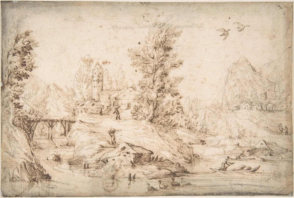 River View with Figures by anonymous, drawing, 1600-1700