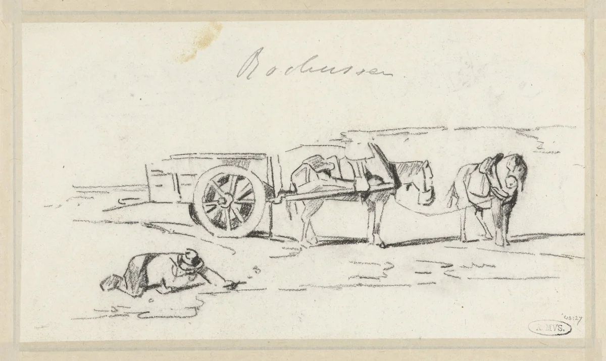 Schelpenvisser geknield liggend aan de oeverrand by anonymous, drawing, 1800-1900