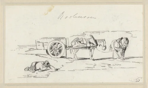 Schelpenvisser geknield liggend aan de oeverrand by anonymous, drawing, 1800-1900