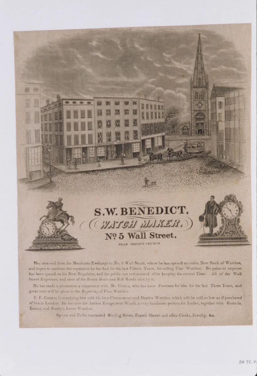 Tradecard of S. W. Benedict, Watchmaker, No. 5 Wall Street, New York by S. W. Benedict, print, 1846