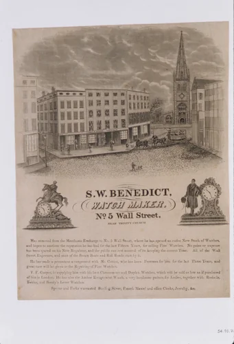 Tradecard of S. W. Benedict, Watchmaker, No. 5 Wall Street, New York by S. W. Benedict, print, 1846