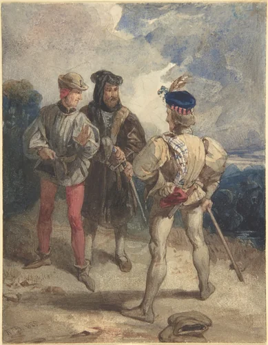 Quentin Durward and the disguised Louis XI (recto); Study of male figure (verso) by Richard Parkes Bonington, drawing, 1825-1826