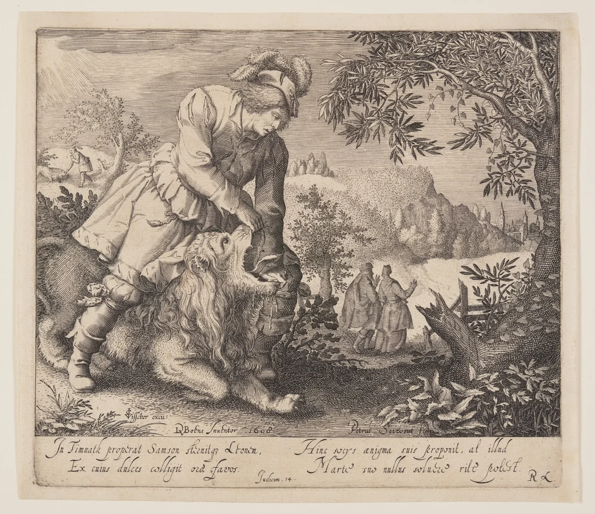 Samson and the Lion by Pieter Serwouters, print, 1608