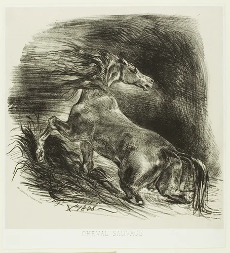 Wild Horse or Frightened Horse Leaving the Water by Eugène Delacroix, print, 1828