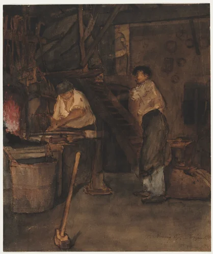 Study for The Blacksmith's Shop: Remembrance of Le Tréfort by François Bonvin, drawing, 1854