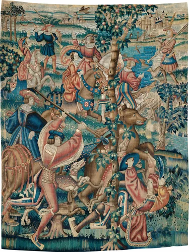 Tapestry (Bear Hunt and Falconry from a Hunts Series) by Franco-Flemish, textile, 1515-1535