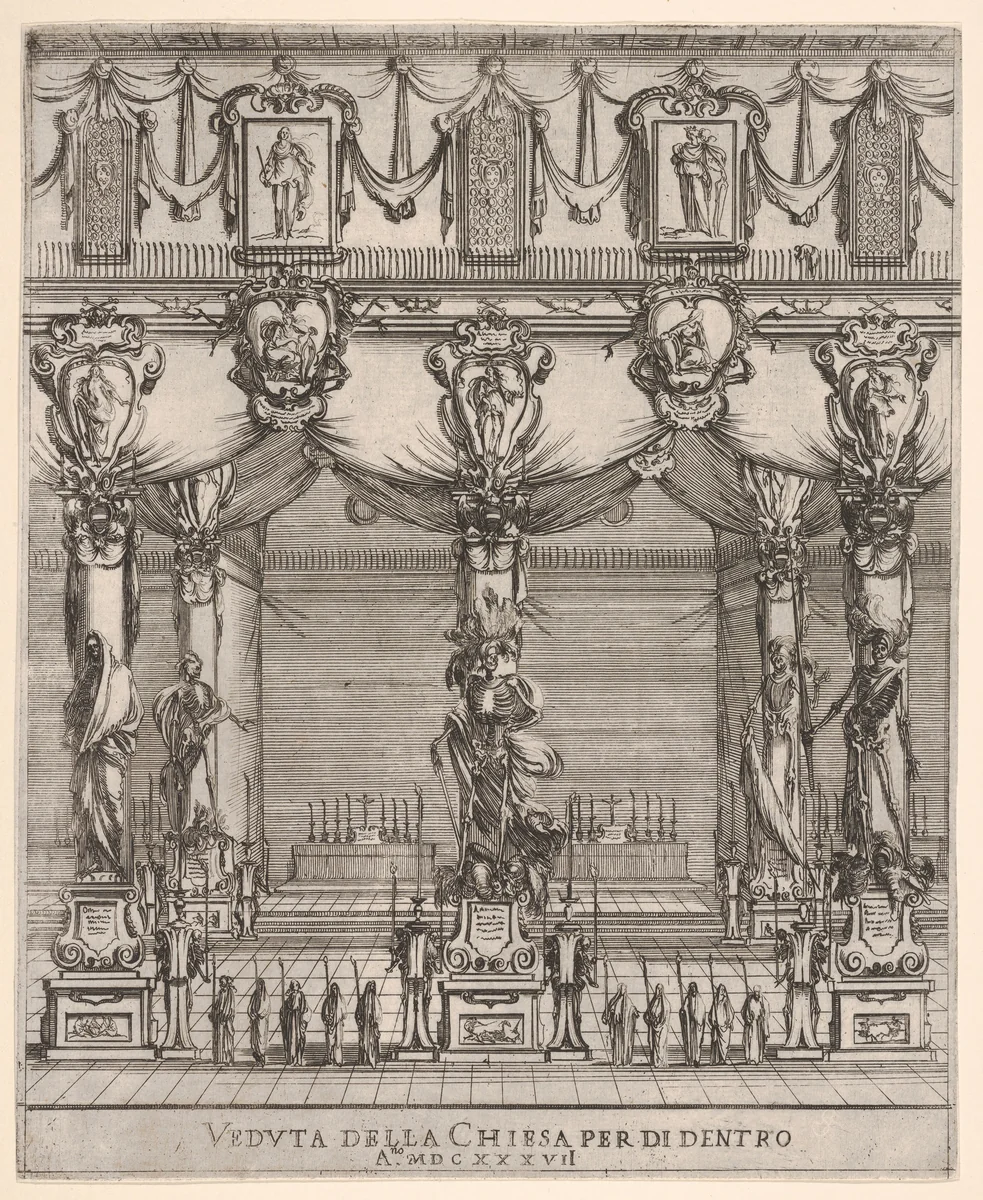 Interior of the church of San Lorenzo in Florence, five pillars, each with a large figure of death on a pedestal, ten hooded figures with staffs in foreground, two altars in the background, cartouches containing female figures above, from "Ceremonies for the Funeral of Emperor Ferdinand II" (Funérailles de l'empereur Ferdinand II) by Stefano della Bella, print, 1637