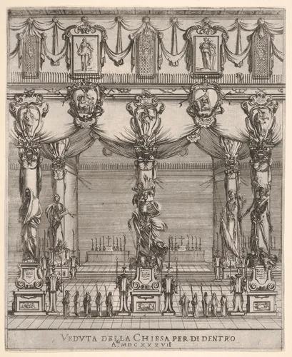 Interior of the church of San Lorenzo in Florence, five pillars, each with a large figure of death on a pedestal, ten hooded figures with staffs in foreground, two altars in the background, cartouches containing female figures above, from "Ceremonies for the Funeral of Emperor Ferdinand II" (Funérailles de l'empereur Ferdinand II) by Stefano della Bella, print, 1637