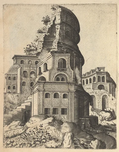 Vertical Landscape with the Ruins of the Temple of Venus and Roma, from the series 'Ruinarum variarum fabricarum delineationes pictoribus caeterisque id genus artificibus multum utiles' by Lambert Suavius, book, 1554