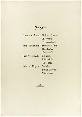 Portfolio, title page and colophon for Vom Weyerberg by Heinrich Vogeler
Fritz Mackensen
Fritz Overbeck
Hans Ende, print, 1895