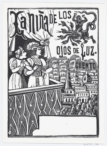 A woman and a man standing on a balcony looking up at a flying monster in the sky by José Guadalupe Posada, print, 1875-1885