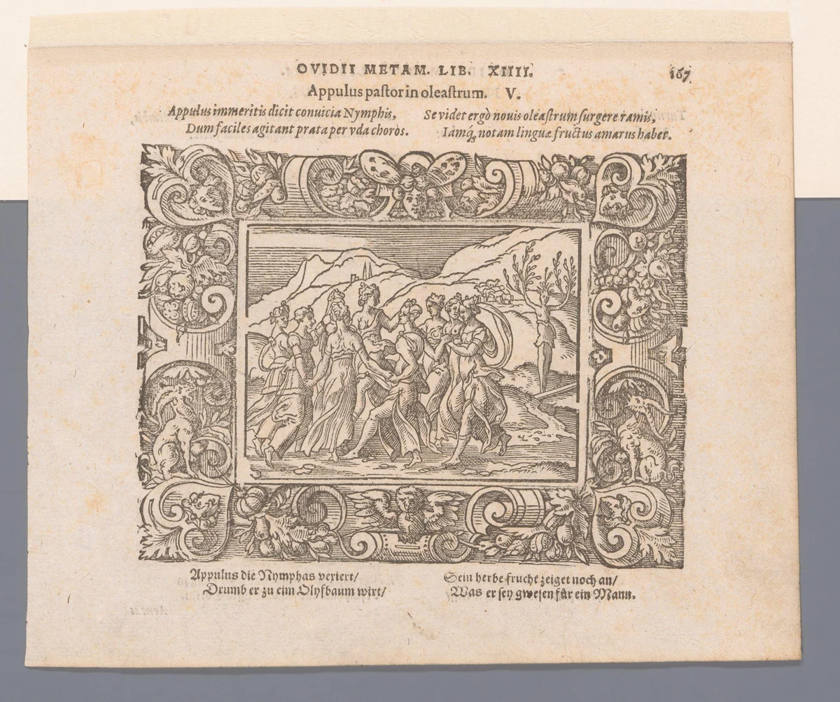 Apulische herder in een olijfboom veranderd by Virgilius Solis, print, 1569