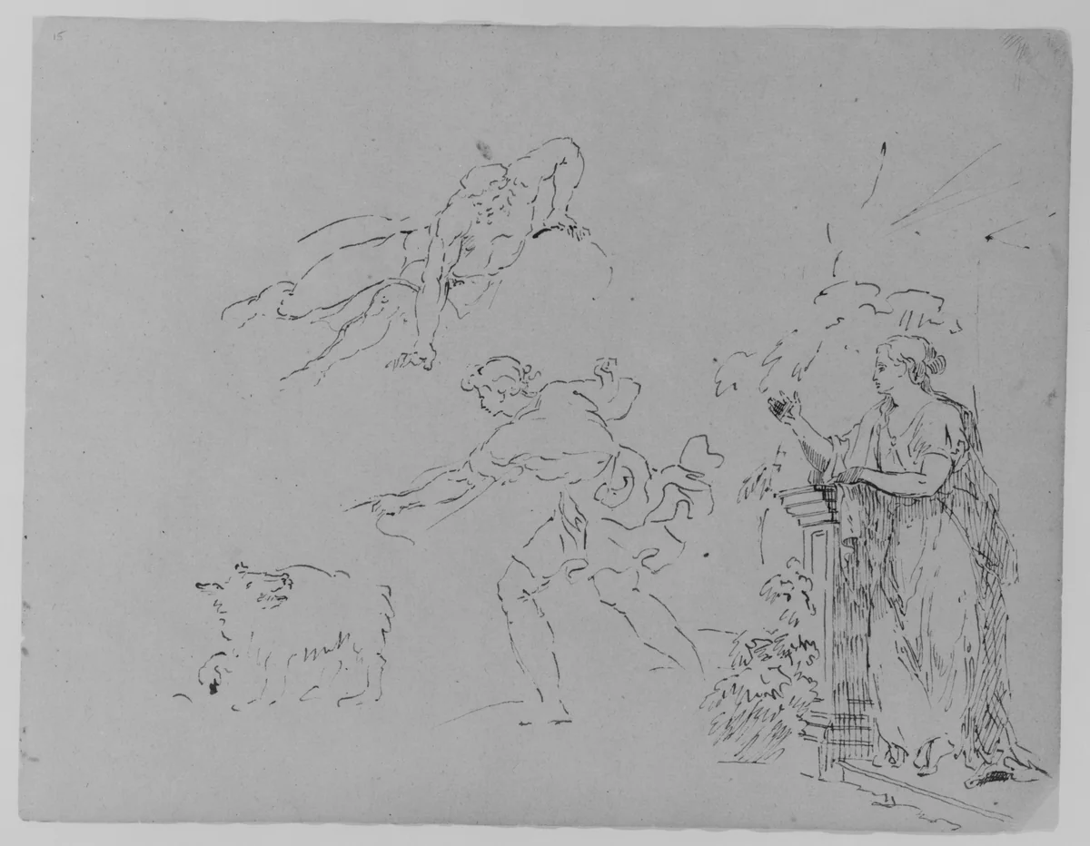 Male [Breaking Fall]; Male Gesturing Toward Dog; Female on Step Leaning Against Column by Foliage (from Sketchbook) by Thomas Sully, artwork, 1810-1820