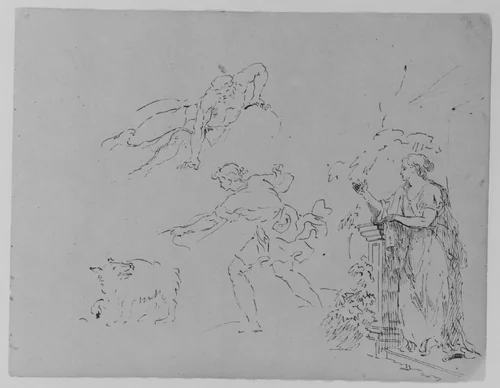 Male [Breaking Fall]; Male Gesturing Toward Dog; Female on Step Leaning Against Column by Foliage (from Sketchbook) by Thomas Sully, artwork, 1810-1820