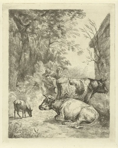 Boerenerf met twee koeien, een bokje en een pratend stel by Antonie Franciscus Dona, print, 1853
