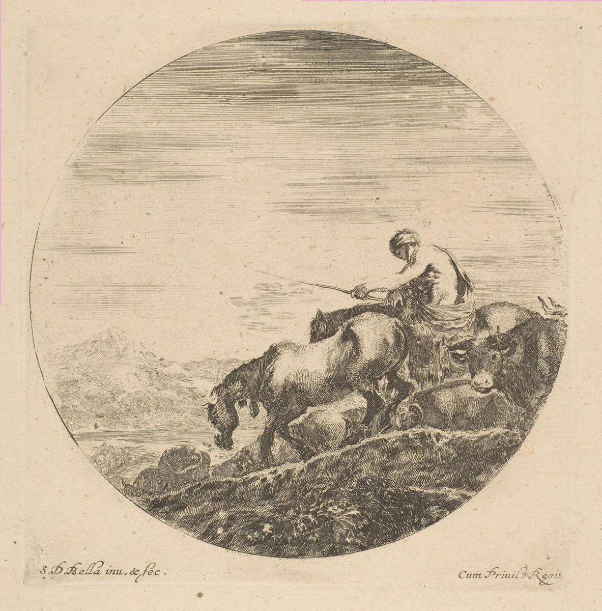 Herdsman on Horseback Drives Animals by Stefano della Bella, print, 1641-1651