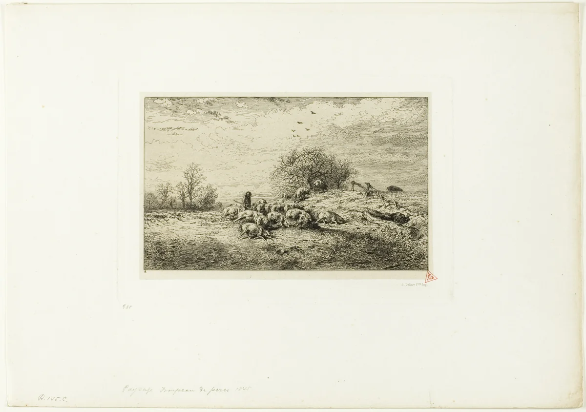 Landscape with Herd of Pigs by Charles-Émile Jacque, print, 1845