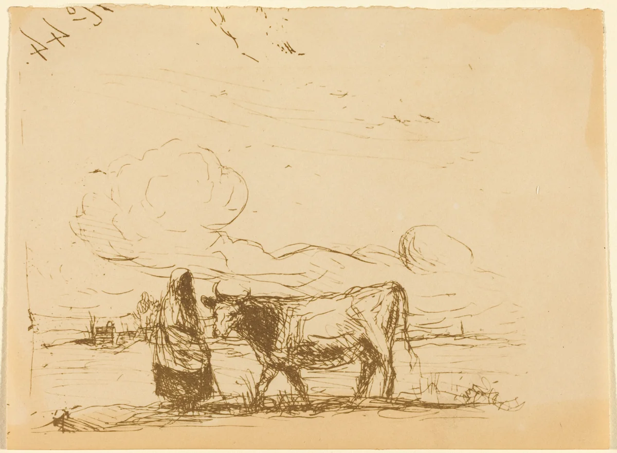 Cow and Its Keeper (La Vache et sa gardienne) by Jean-Baptiste-Camille Corot, print, 1860