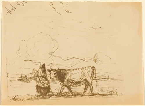 Cow and Its Keeper (La Vache et sa gardienne) by Jean-Baptiste-Camille Corot, print, 1860