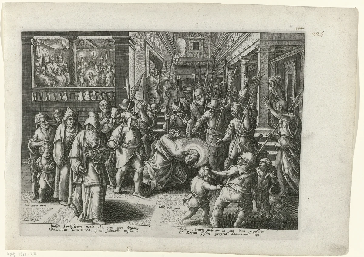 Christus voor het Sanhedrin by Unknown, print, 1585-1586