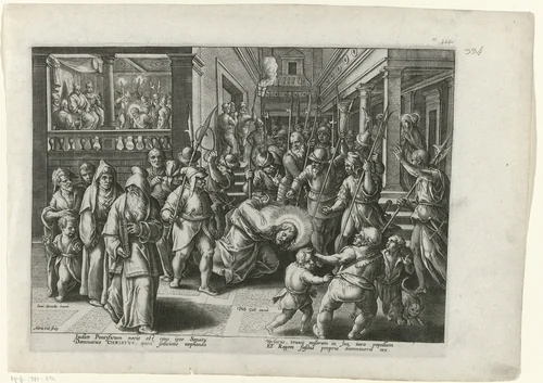 Christus voor het Sanhedrin by Unknown, print, 1585-1586