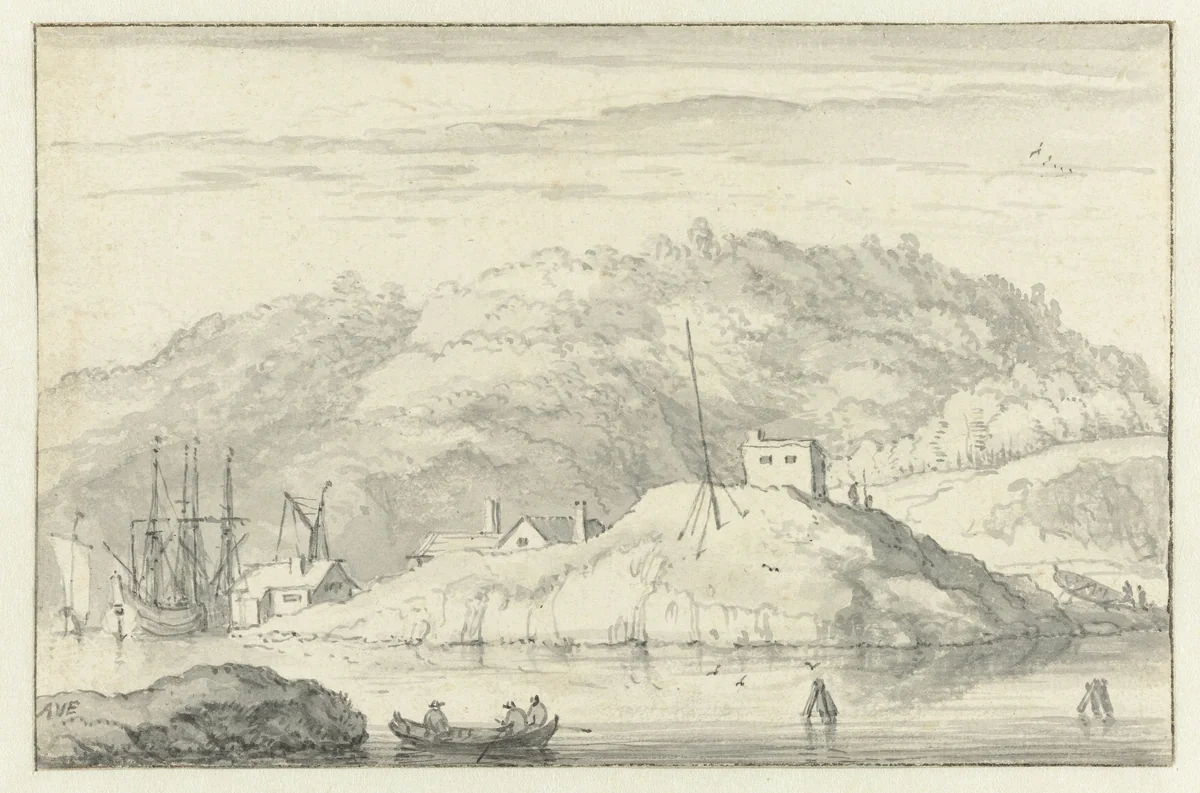 Gezicht op de haven van Risör in Noorwegen by Allaert van Everdingen, drawing, 1644