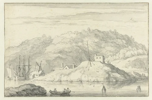 Gezicht op de haven van Risör in Noorwegen by Allaert van Everdingen, drawing, 1644