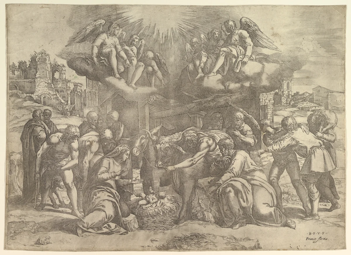 The Adoration of the Shepherds with angels overhead by Battista Franco, print, 1525-1566
