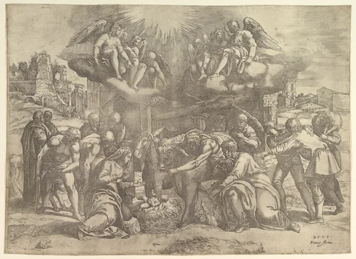 The Adoration of the Shepherds with angels overhead by Battista Franco, print, 1525-1566