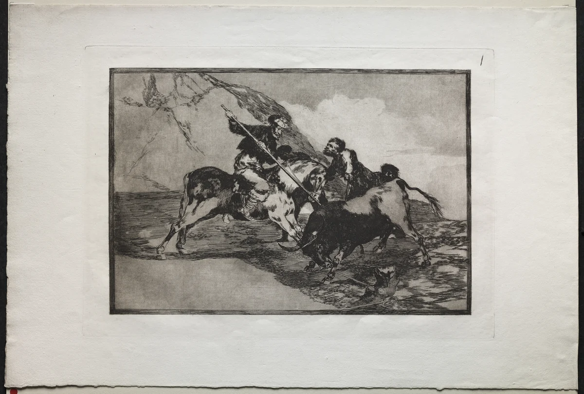 Bullfights: The Way in Which the Ancient Spaniards Hunted Bulls on Horseback in the Open Country by Francisco de Goya, print, 1816-1876
