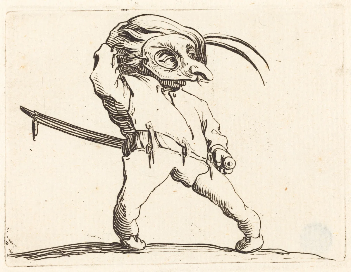 Masked Man with Twisted Feet by Jacques Callot, print, 1622