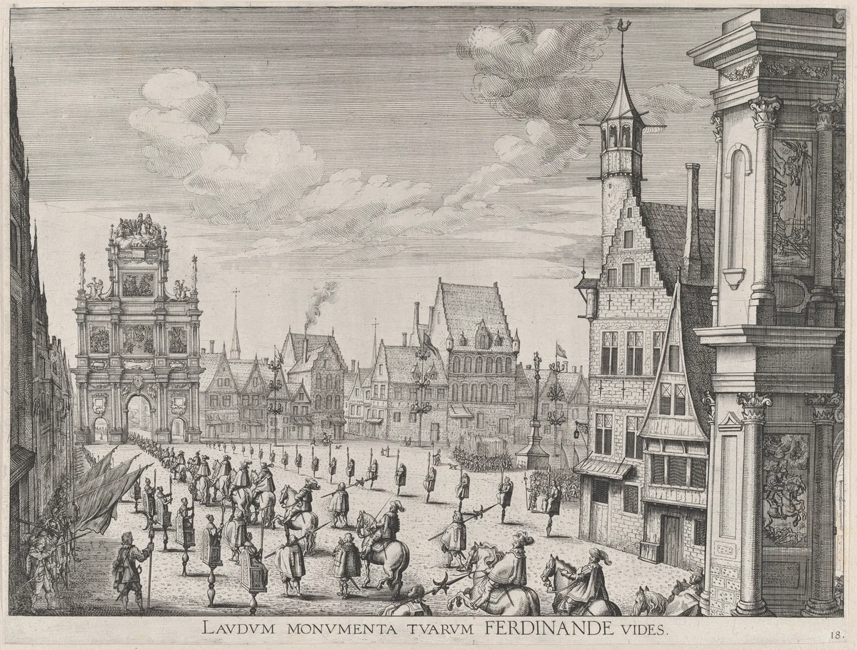 Plate 18: Procession of the Spanish Prince Ferdinand into the city of Ghent, January 28, 1635; from Guillielmus Becanus's 'Serenissimi Principis Ferdinandi, Hispaniarum Infantis...' by Johannes Meursius, print, 1636