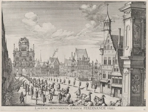 Plate 18: Procession of the Spanish Prince Ferdinand into the city of Ghent, January 28, 1635; from Guillielmus Becanus's 'Serenissimi Principis Ferdinandi, Hispaniarum Infantis...' by Johannes Meursius, print, 1636