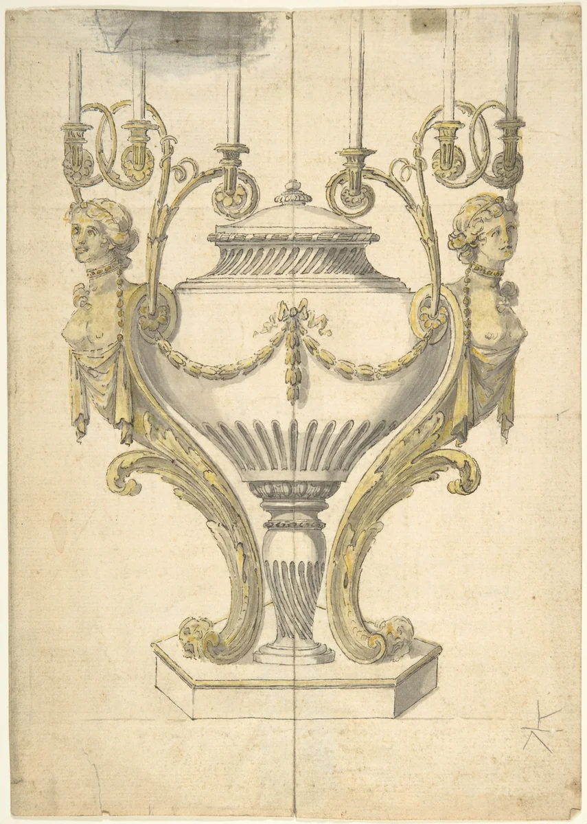 Candelabrum in the form of an Urn Clasped by Carytides and Candle Branches by Henry Holland, drawing, 1760-1806