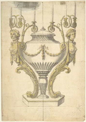Candelabrum in the form of an Urn Clasped by Carytides and Candle Branches by Henry Holland, drawing, 1760-1806