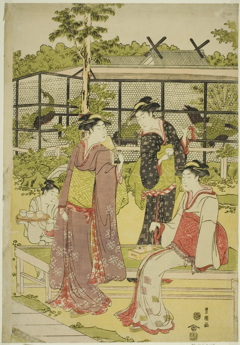 Women Visiting the Bird and Flower Teahouse (Kachojaya) by Utagawa Toyokuni I (初代 歌川 豊国), print, 1787-1798